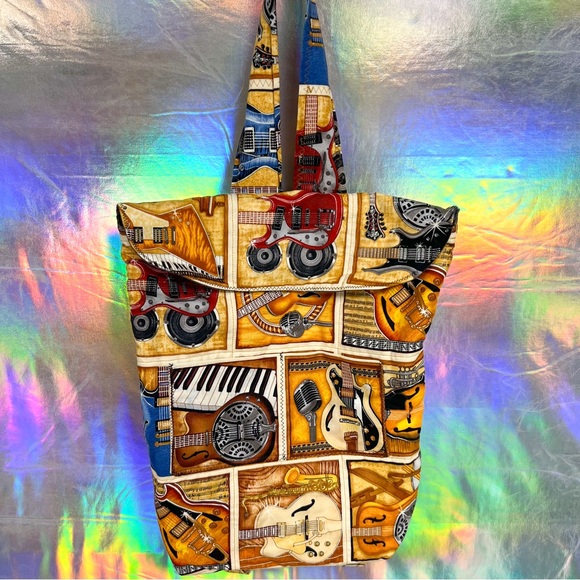 Brand not found on item Handbags - Vintage handmade groovy guitars quilt backpack with matching coin purse